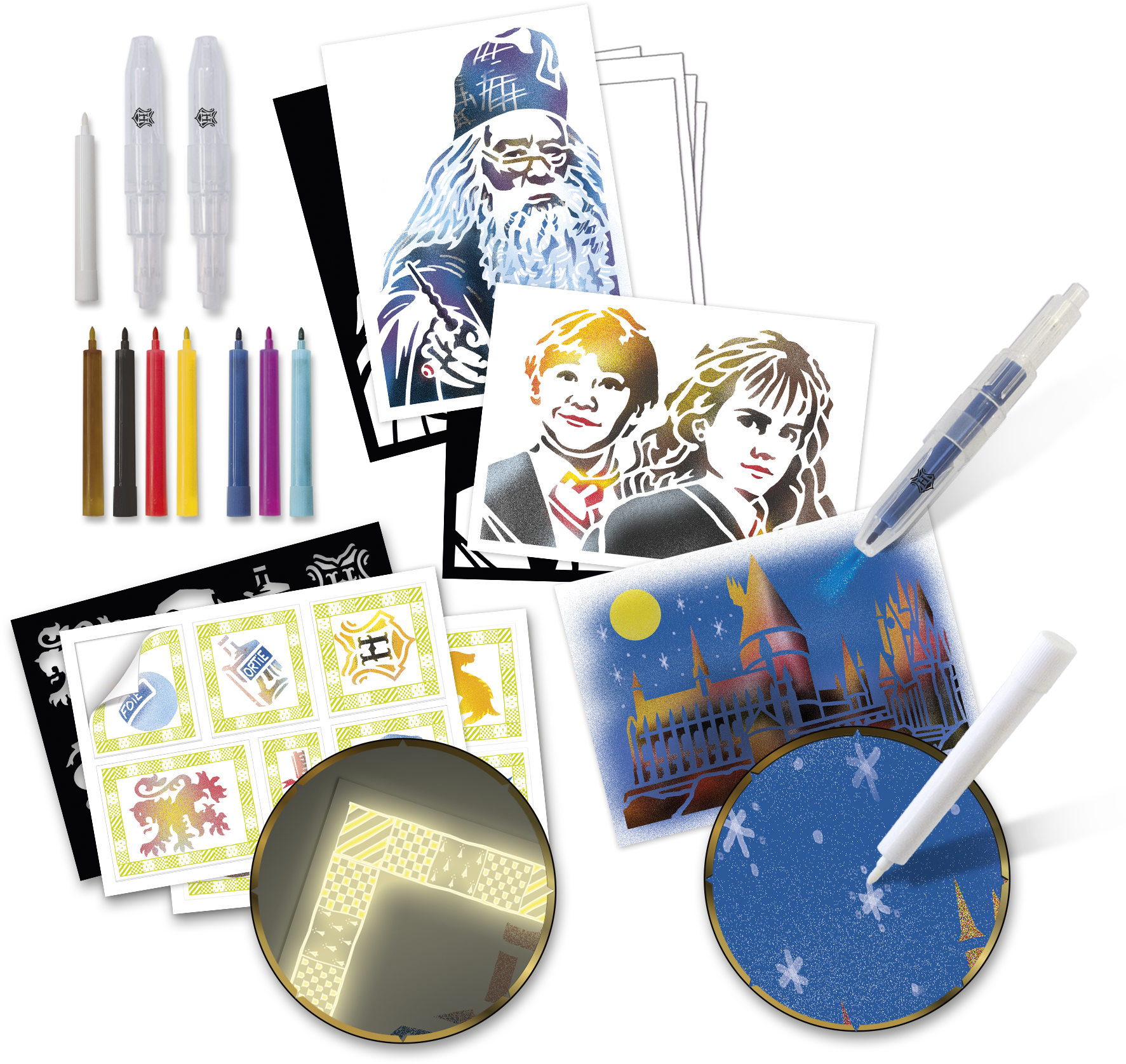 Blopens, dessins, coloriage, feutres, enfants, pochoirs, loisirs créatifs, harry potter, poudlard, magie